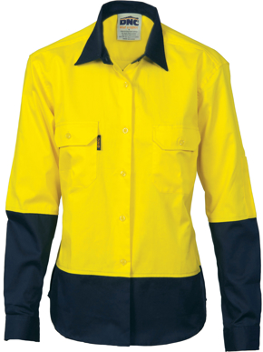 Picture of DNC Workwear-3932-Ladies HiVis Two Tone Cotton Drill Shirt - Long Sleeve