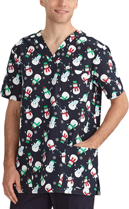 Picture of Bizcare Mens Christmas V-Neck Short Sleeve Scrub Top - Snowman Midnight Navy (CST346MS - MN)