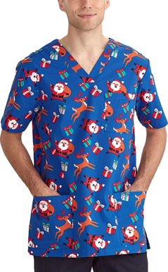 Picture of Bizcare Mens Christmas V-Neck Short Sleeve Scrub Top - Santa Electric Blue (CST346MS - EB)