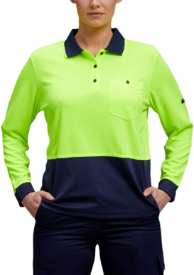 Picture of King Gee Womens Workcool Hyperfreeze Hi Vis Long Sleeve Polo Shirt (K44730)