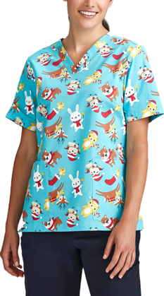 Picture of Biz Care Womens Christmas Printed Scrub Top - Animal Blue (CST446LS-AB)