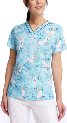 Picture of Cherokee Print Obviously A Unicorn (Olaf) Womens Print V-Neck Scrub Top (TF610 FZOB)